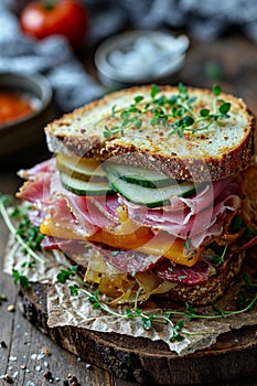 Gourmet Sandwich with Ham and Fresh Vegetables on Rustic Wood
