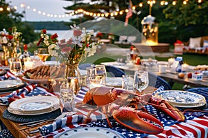 Gourmet seafood dinner by candlelight with a festive 4th of July theme