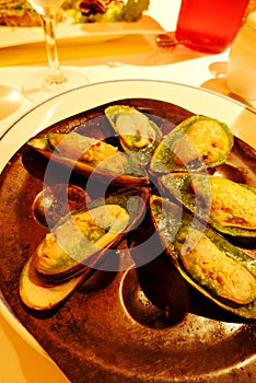 Gourmet seafood mussel dish, Paris restaurant