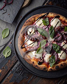 Gourmet seafood pizza topped with grilled octopus, mozzarella, and fresh basil leaves. Illustration created with AI. photo
