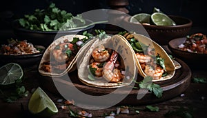 A gourmet seafood taco with fresh guacamole and grilled prawn generated by AI