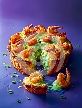 Gourmet Shrimp Vol au Vent Puff Pastry on Vibrant Purple Background with Scattered Herbs