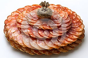 Gourmet Sliced Salami Platter with Ornate Decorative Centerpiece for Elegant Dining Generative AI photo