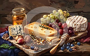 A gourmet spread of assorted cheeses, fresh fruits, nuts, and honey, artistically arranged on a wooden surface.