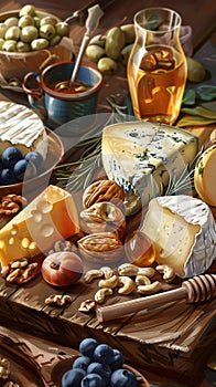 A gourmet spread of assorted cheeses, fresh fruits, nuts, and honey, artistically arranged on a wooden surface.