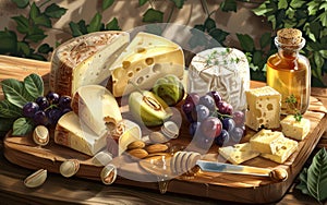 A gourmet spread of assorted cheeses, fresh fruits, nuts, and honey, artistically arranged on a wooden surface.