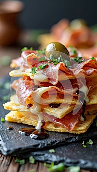 Gourmet stack: cured meat, cheese, and olives on crispy crackers