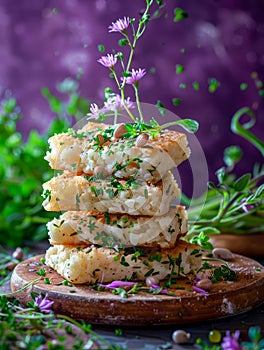 Gourmet Stacked Fried Cheese with Herbs and Pine Nuts on Rustic Wood Board Against Purple Background