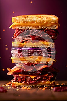 Gourmet Stacked Pastrami Sandwich with Cheese and Mustard on Dark Background