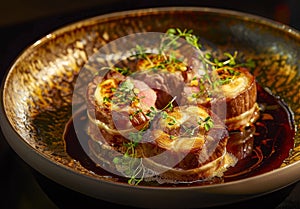 Gourmet steak and scallops dish elegantly presented