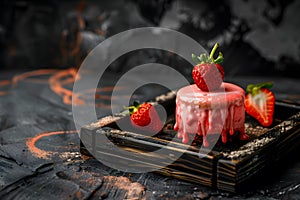 Gourmet strawberry dessert, dark wooden tray, elegant presentation. Homemade, natural sweetness