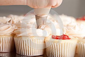 Gourmet strawberry filled cupcakes with frosting - being piped by a chef photo