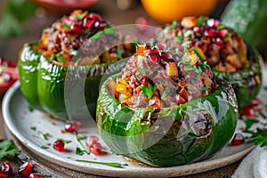 Gourmet Stuffed Bell Peppers with Ground Meat, Rice, Vegetables, and Pomegranate Seeds on Rustic Table