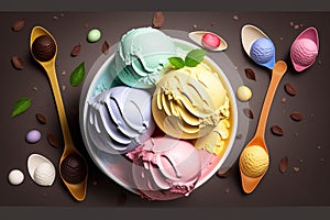 Gourmet summer dessert of of scoops ice cream. Colorful set of ice cream of different flavors, Generative AI