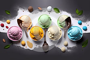 Gourmet summer dessert of of scoops ice cream. Colorful set of ice cream of different flavors, Generative AI