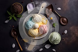 Gourmet summer dessert of of scoops ice cream. Colorful set of ice cream of different flavours. generative ai