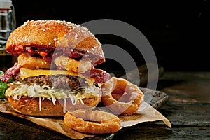 Gourmet Surf and Turf burger with squid rings