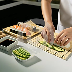 Gourmet Sushi Delight: Hands Crafting Rolls with Lobster and Avocado