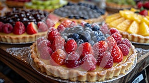 gourmet tarts, colorful fruit tarts with golden crust, freshly baked and displayed at the bakery, look delicious and