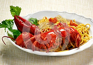 Gourmet Tasty Lobster with Linguine Pasta on Plate