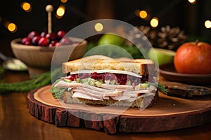 gourmet turkey and cranberry sandwich on a patterned wooden board