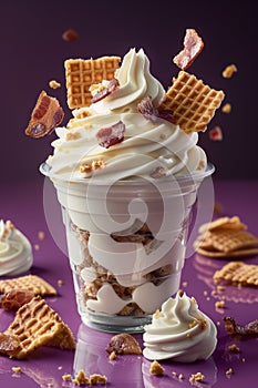 Gourmet Vanilla Soft Serve Ice Cream with Waffle Cones and Bacon Bits Toppings in Clear Cup Against Purple Background