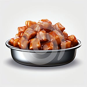 Gourmet Wet Dog Food in a Silver Bowl Isolated on White. Generative ai