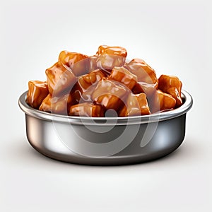 Gourmet Wet Dog Food in a Silver Bowl Isolated on White. Generative ai