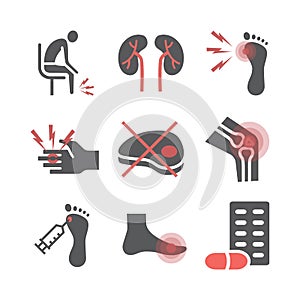 Gout. Symptoms, Treatment. Flat icons set. Vector signs for web graphics.