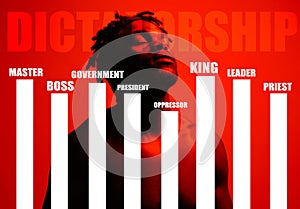 Goverment, graphic and a man on a red background with words for dictatorship or leadership. Government, black person and photo