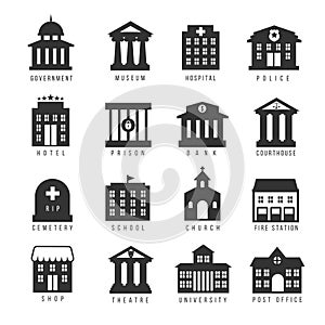 Government building icon set. Vector buildings like university, police office and city hall, hospital museum