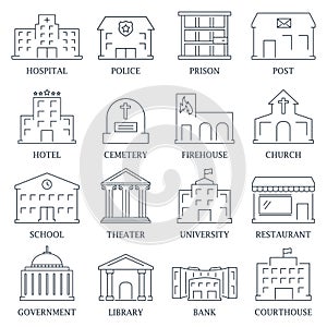 Government building icons set of police library theater isolated vector illustration