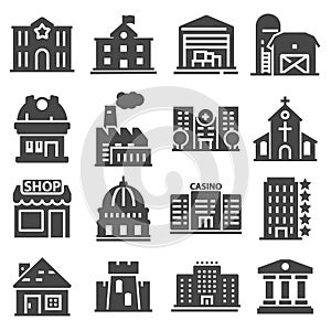 Government building icons set of police school house