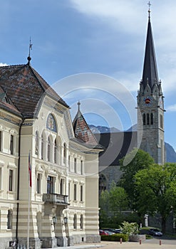 Government building and St Florian`s church, Vaduz, Liechtenstein