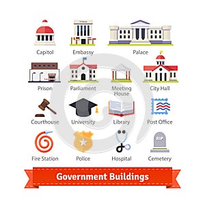 Government buildings colourful flat icon set