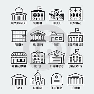 Government buildings icons in thin line style photo