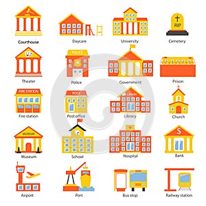Government buildings icons set