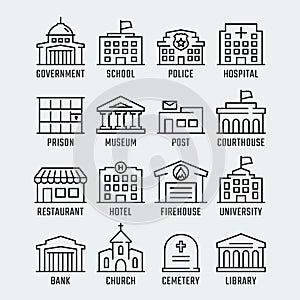 Government buildings icons in thin line style