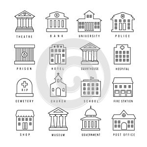 Government buildings lined signs. Firehouse and courthouse, library city bank outline icons