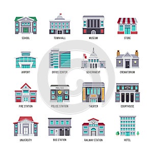 Government buildings vector flat icons set