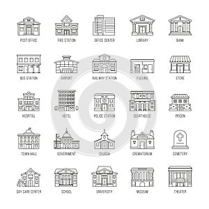 Government buildings vector thin line icons set