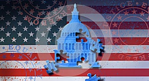 Government Capitol Building with falling puzzle pieces graphic abstract background