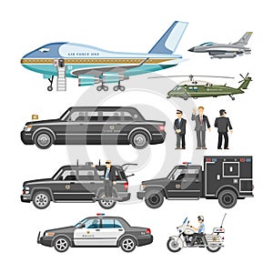 Government car vector presidential auto and luxury business transportation with police car illustration set of transport