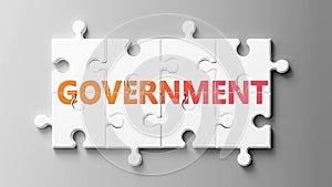 Government complex like a puzzle - pictured as word Government on a puzzle pieces to show that Government can be difficult and photo