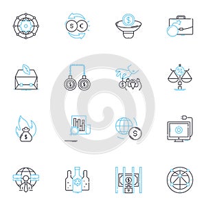 Government deceit linear icons set. Corruption, Deception, Manipulation, Lies, Cover-up, Fraud, Scandal line vector and photo