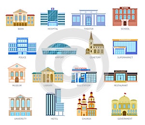 Government flat houses. Bank hospital school university airport police library church. Municipal city buildings exterior