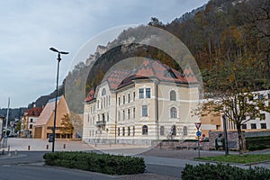 Government House of Liechtenstein with Liechtenstein Parliament and Vaduz Castle on Background - Vaduz, Liechtenstein