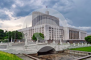 Government House of the Russian Federation the White House and the Humpback Bridge. Moscow, Russia-May 2018