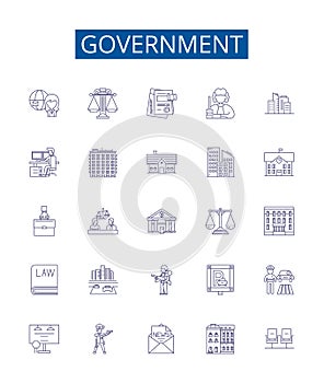 Government line icons signs set. Design collection of Policy, Law, Politics, Authority, Regulation, Constituents