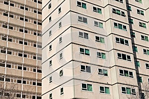 Government low cost and welfare accommodation apartment blocks close up.